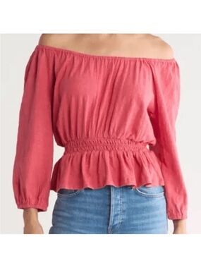 Marine Layer Coral Off-Shoulder Smocked Waist Peplum Top Size Medium